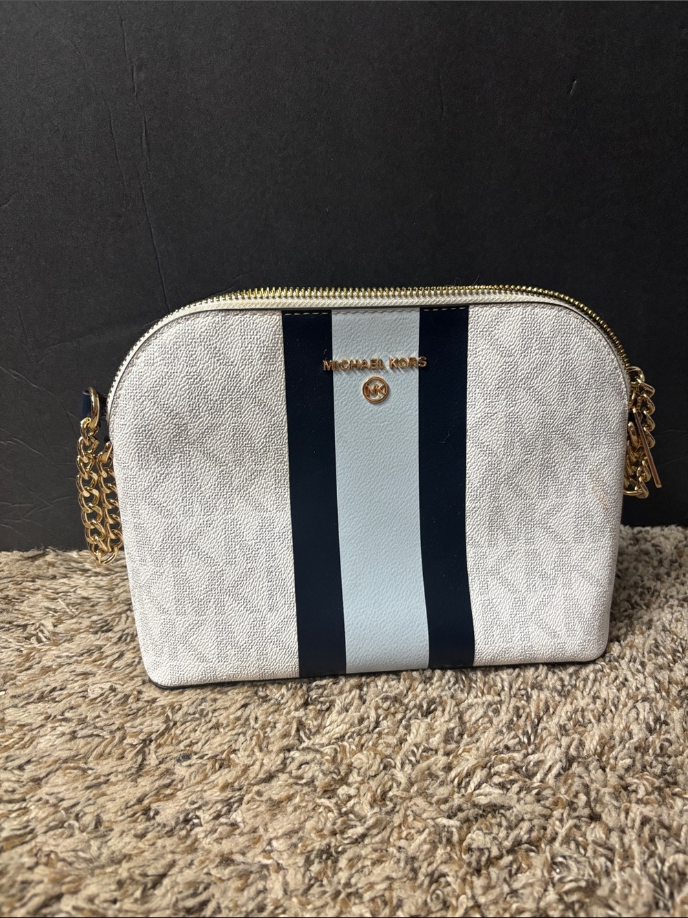 Michael Kors White and Navy Stripe Crossbody Bag